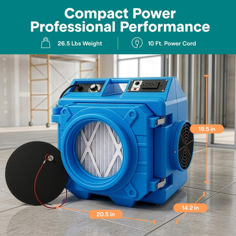 Beefed Up 3 Stage Filtration MERV 10 And HEPA Carbon Odor Removal Portable Air Purifier in blue, shown in office space.