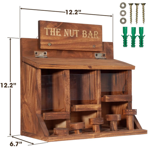 Wooden Squirrel Picnic Table Feeder With Multi Compart ment Seed Storage And Five Level Bar Stools Durable Outdoor Squirrel Feeder For Corn Cobs And Mixed Seeds Stable Table Style Wildlife Feeder 12.2 X 6.6 X 12.2 Inches showing dimensions and mounting hardware