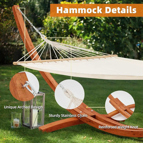 Close-up of 13 Ft Hammock With Stand For Two People Heavy Duty Outdoor Hammock Bed 550 Lb Capacity on sturdy arc frame with chains