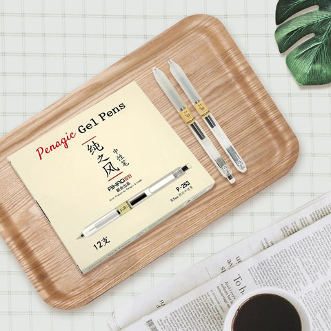 12 Pack 0.5mm Gel Pens Retractable Black Ink Set For Smooth Quick Dry Writing No Smudge Bold Fine Point on wooden tray
