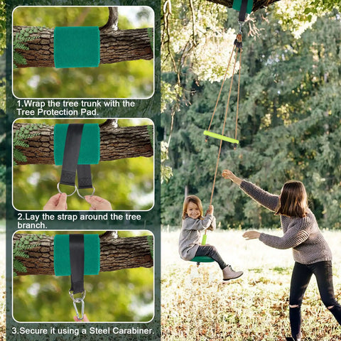 Disc Swing With Monkey Bars For Backyard Playground Set Heavy Duty Rope Swing Seat With Carabiner And 22 Inch Hanging Straps Zipline Ready Outdoor Jungle Gym Green installed on tree, child swinging.