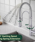 Ialtruistic 2-in-1 High Arc Pull Down Swivel Kitchen Faucet, Chrome showcasing 360° swirling spout and long spring extension.