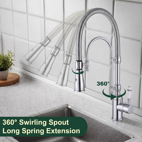Ialtruistic 2-in-1 High Arc Pull Down Swivel Kitchen Faucet, Chrome showcasing 360° swirling spout and long spring extension.
