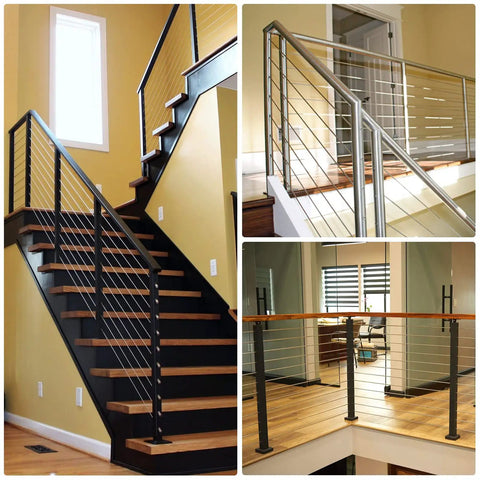 Image collage of staircase and deck with Premium Stainless Steel Deck Railing Cable Kit 600 Feet With Cutter For DIY use.