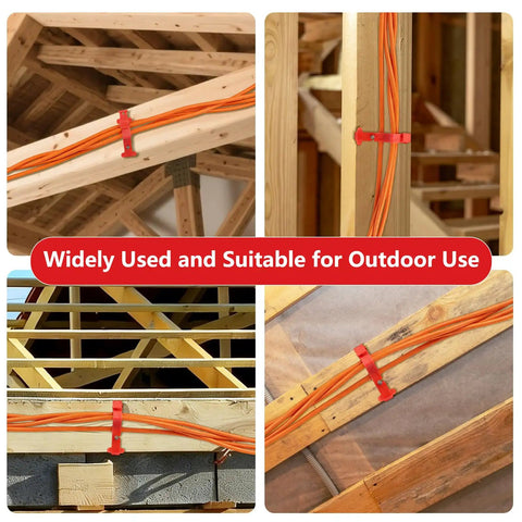 Goouu 40 Pcs Multi Cable Staples For Securing Low Voltage Wires Efficiently, holding orange wires to wooden beams.
