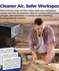 Three Pack 5 Micron Outer Air Filter Replacements For Your Workshop And Garage System That Snap In Smoothly Compatible With WEN 3410 POWERTEC AF4000 AF4001 Shop Fox W1830 Grizzly G0738 Air Filtration shown with man working in workshop