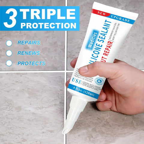 Clear Waterproof Caulk And Seal Silicone Sealant Duo Pack With Grout Repair Kit And Scraper shown on tiled surface