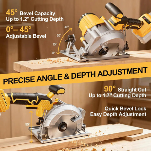 5.5 Inch Cordless Circular Saw Tool Only Compatible With DeWalt 20V Max Batteries showing adjustable bevel and depth settings.