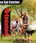 Outdoor scene with a barbecue setup and Two Pack Barbecue Feather Flag Kit With Ten Flag Poles Two Ground Stakes And Two Portable Bags For Outdoor Restaurant Advertising Seven By Five Point Four Ft Flags With Easy Setup For Streetfront Or Patio Advertising Displays in background.