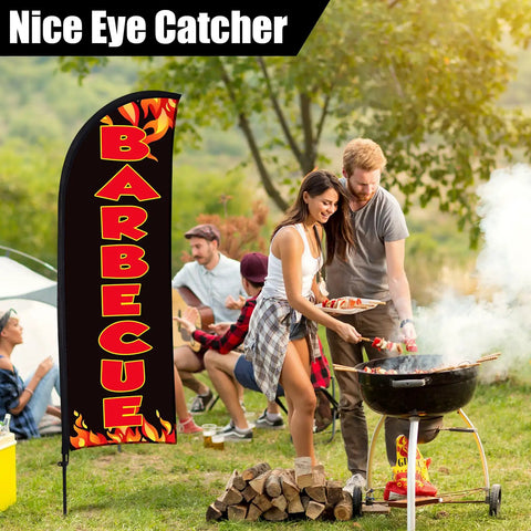 Outdoor scene with a barbecue setup and Two Pack Barbecue Feather Flag Kit With Ten Flag Poles Two Ground Stakes And Two Portable Bags For Outdoor Restaurant Advertising Seven By Five Point Four Ft Flags With Easy Setup For Streetfront Or Patio Advertising Displays in background.