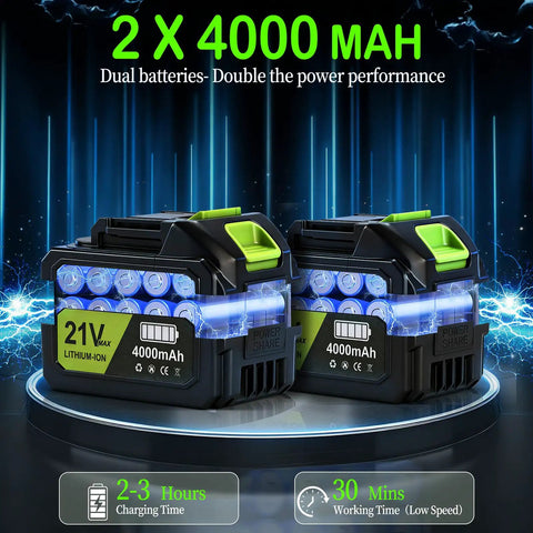 Two green 4.0Ah batteries for Cordless Leaf Blower 21V Powerhouse With Six Speed Control, 980000 RPM Handheld Electric Blower.