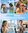 Ultra Slim Magnetic Portable Charger For Smartphones 5000mAh Power Bank shown in travel, office, and party settings.