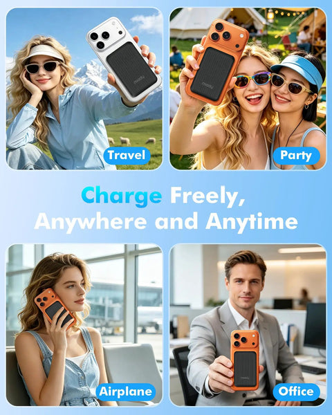 Ultra Slim Magnetic Portable Charger For Smartphones 5000mAh Power Bank shown in travel, office, and party settings.