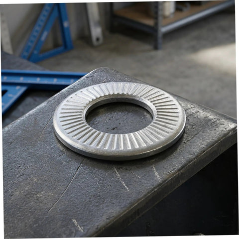 M6 Conical Knurled Spring Washer on metal surface, heavy duty 304 stainless steel for secure fastenings, high grip design.