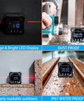 Digital Angle Finder With Laser And Magnetic Cube Protractor For Woodworking with backlit display and IP67 waterproof rating.