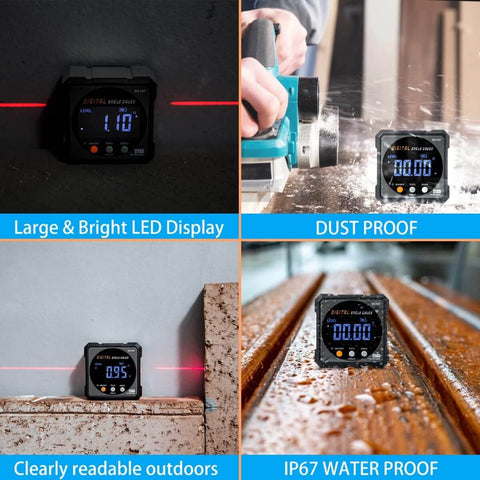 Digital Angle Finder With Laser And Magnetic Cube Protractor For Woodworking with backlit display and IP67 waterproof rating.