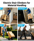 Heavy Duty Electric Stair Climbing Dolly Cart With 1300W Motor Lifts Up To 900 Lbs Smoothly For Moving Furniture Logistics Warehouse Jobs Quick Speed Settings shown in home, warehouse, delivery, and jobsite settings.