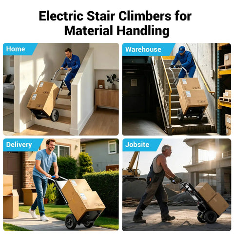 Heavy Duty Electric Stair Climbing Dolly Cart With 1300W Motor Lifts Up To 900 Lbs Smoothly For Moving Furniture Logistics Warehouse Jobs Quick Speed Settings shown in home, warehouse, delivery, and jobsite settings.