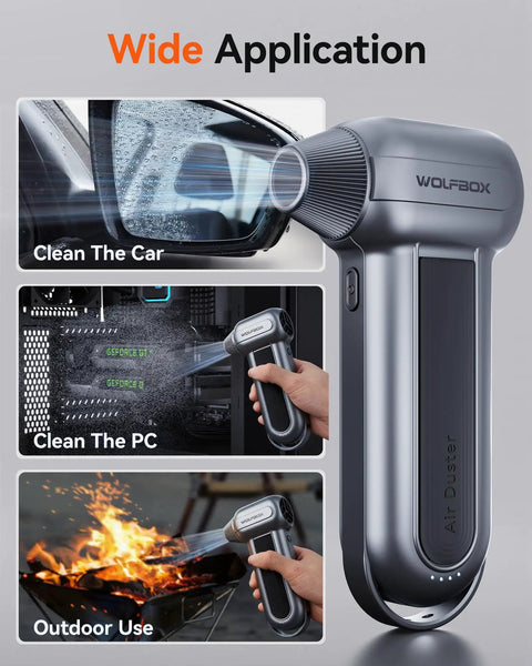 MegaFlow100 Cordless Electric Air Duster With 150000 RPM Turbo Power Brushless Motor 3 Gear Settings shown in various uses