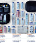 MediKit travel medical kit with 20 medication sachets in a black zip case (6x8 in)