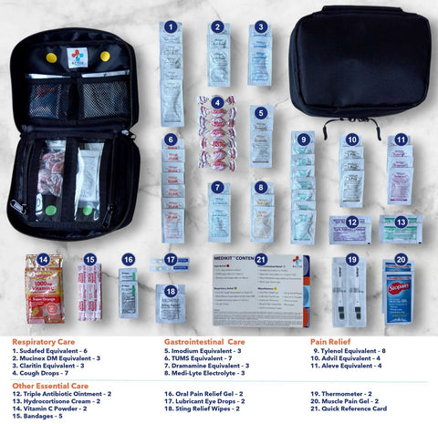 MediKit travel medical kit with 20 medication sachets in a black zip case (6x8 in)