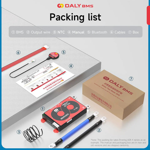 Packing list for Smart Lithium Iron Phosphate BMS Board With Bluetooth Monitoring And Parallel Sync For Heavy Duty Rig LiFePO4 Battery Packs Up To 72V 500 Amp Waterproof Safety Shield Kit.