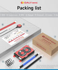 Packing list for Heavy Duty Beefy Smart Battery Management System For LiFePO4 Packs, includes BMS, wires, manual, and Bluetooth.
