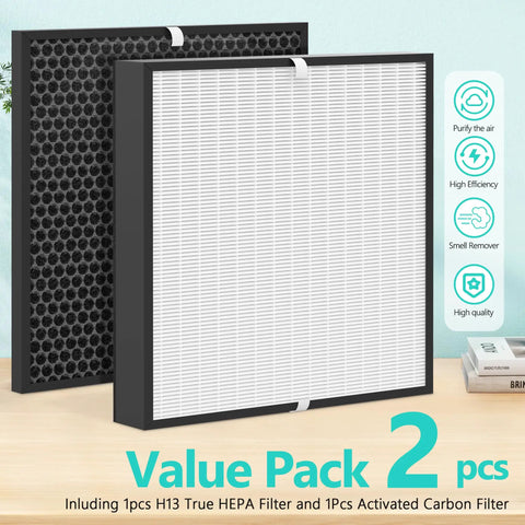 Value pack of 2 filters showing efficiency and activated carbon filters for EJ120 air purifier, high quality replacement parts.