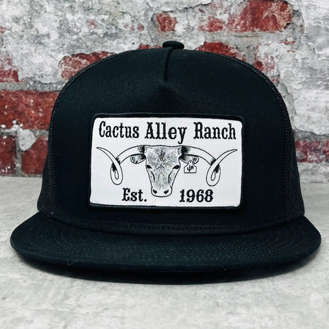 Western Style Adjustable Snapback Hat With Patch Logo In Black, Big Curl Embroidery, front view with Cactus Alley Ranch patch