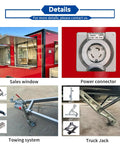 Details of 13 Foot Red Fiberglass Food Truck Fully Loaded Mobile Kitchen with sales window and power connector.