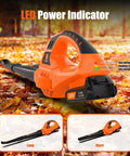 21V Cordless Leaf Blower with LED power indicator on autumn leaves, showing battery levels, ultra lightweight handheld.
