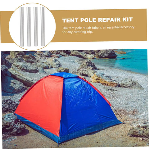 4 Pack Aluminum Alloy Tent Pole Repair Tubes for quick fixes, lightweight connectors beside a red and blue beach tent