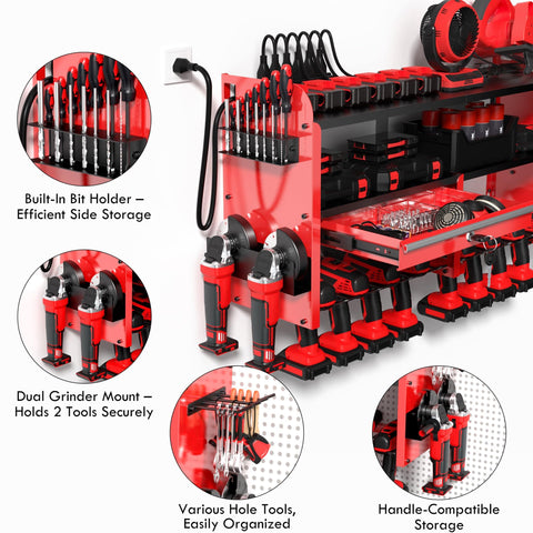 Power Tool Organizer Wall Mount With Drill Rack, Grinder Holder, Hammer And Pliers Rack, Locking Drawers, 6 Outlet Charging Shelf