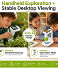 2 in 1 Digital Microscope for Kids, Handheld and Desktop STEM Toy for Exploring Leaves, Bugs, Coins, Fabrics, and More at Home, School, or Outdoors, Awesome for Curious Minds. Green handheld and desktop microscope for kids