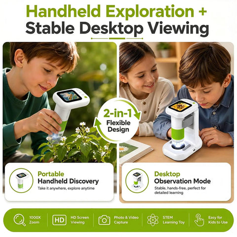 2 in 1 Digital Microscope for Kids, Handheld and Desktop STEM Toy for Exploring Leaves, Bugs, Coins, Fabrics, and More at Home, School, or Outdoors, Awesome for Curious Minds. Green handheld and desktop microscope for kids
