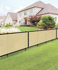 Beige Privacy Fence Screen 6 Foot By 50 Foot Outdoor Windscreen With Reinforced Grommets UV Blocking Privacy Barrier in backyard setup
