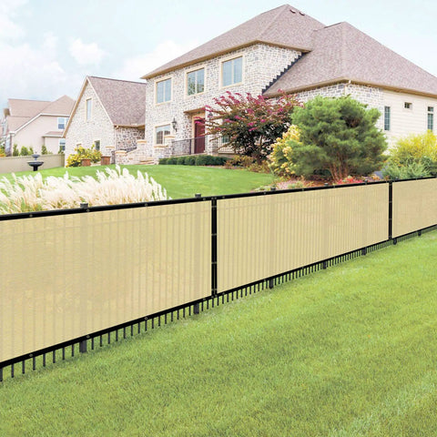 Beige Privacy Fence Screen 6 Foot By 50 Foot Outdoor Windscreen With Reinforced Grommets UV Blocking Privacy Barrier in backyard setup