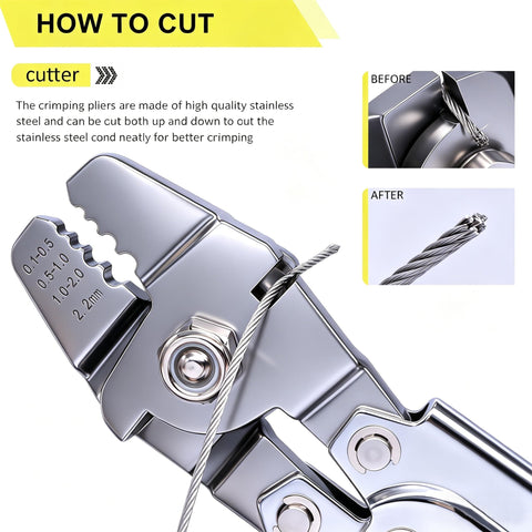 Beefy Heavy Duty Wire Rope Crimping Tool Up To 2.2mm Swaging Kit with cutting edges and diagrams for quick rigging repairs.