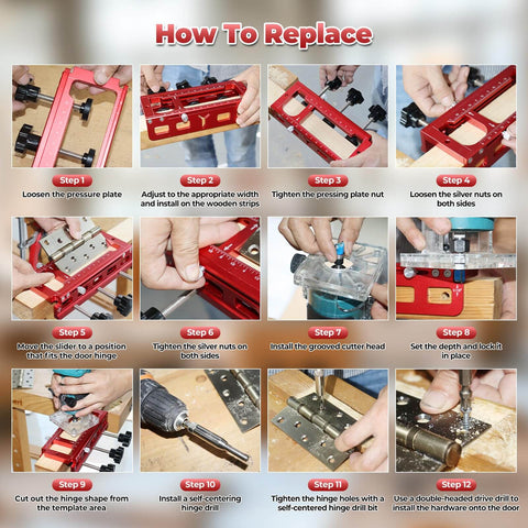 Step-by-step guide using Adjustable Aluminum Door Hinge Mortise Jig Kit With Dual Clamps for precise hinge positioning.