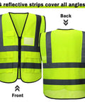 Front and back of 20 Pack Reflective Safety Vests With Pockets, High Visibility Mesh, Neon Yellow, Size Large, Durable Lightweight Workwear