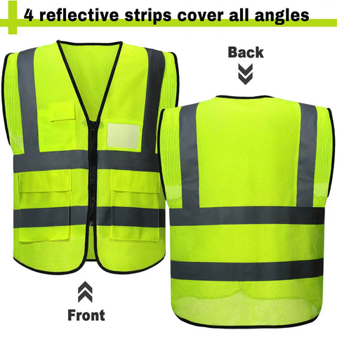 Front and back of 20 Pack Reflective Safety Vests With Pockets, High Visibility Mesh, Neon Yellow, Size Large, Durable Lightweight Workwear