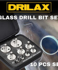 Front view of Drilax glass drill bit set in a black zip case, 10-piece kit with diamond core bits and drill guide.