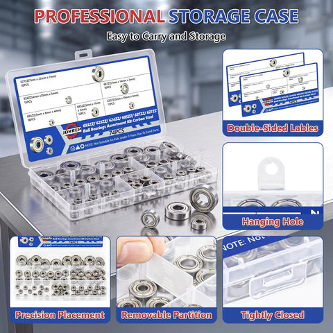 74 Piece Ball Bearing Assortment Kit Featuring Six Essential Sizes For Smooth 3D Printer Assembly, Skate Gear Upgrades, And Home Repairs. Storage case with labeled compartments.