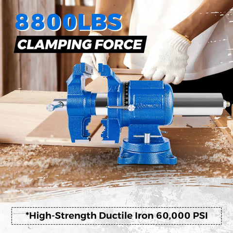 Heavy Duty 5 Inch Bench Vise With Ductile Iron Body 360 Degree Swivel Anvil 4000 Kg Clamp Blue Finish in use on workbench