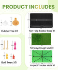 Game Changer Golf Hitting Mat With Curved Ball Tray 3 In 1 Practice Mat product components including rubber tees, mat, and base