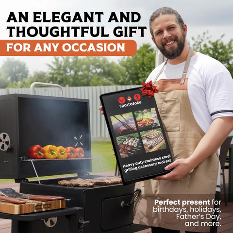 Man holding Ultimate Grill Master Gear Set for Blackstone Griddle Premium Stainless Steel BBQ Accessories box near grill