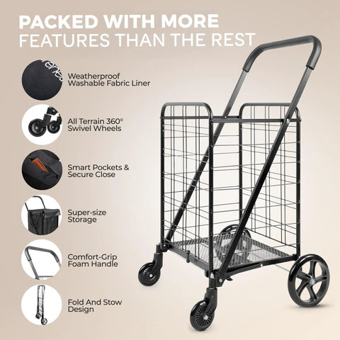 Large Folding Utility Shopping Cart with Removable Liner and Steel Frame, 360 Degree Swivel Wheels, Black
