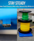 Close-up of rubber feet and stacked reels on Beefy Heavy Duty 10 Inch Cable Reel Dispenser Stand With Non Slip Feet Portable Drum Holder