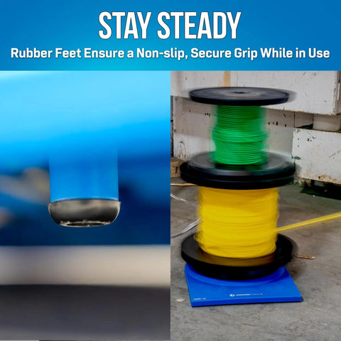 Close-up of rubber feet and stacked reels on Beefy Heavy Duty 10 Inch Cable Reel Dispenser Stand With Non Slip Feet Portable Drum Holder