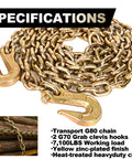 G80 Tow Chain 3 Eighth Inch By 20 Feet With G70 Hooks Heavy Duty Binder Chain For Logging Tie Down And Transport On Flatbed Trucks 7100 Lbs Safe Working Load Zinc Plated coiled with hooks